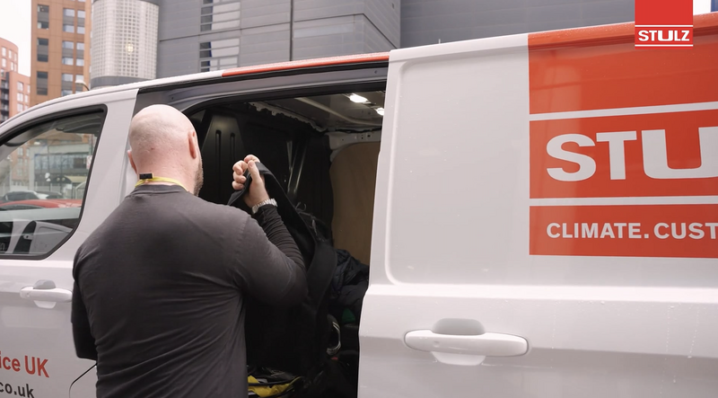 Stulz engineer working from van in Canary Wharf London customer testimonial video