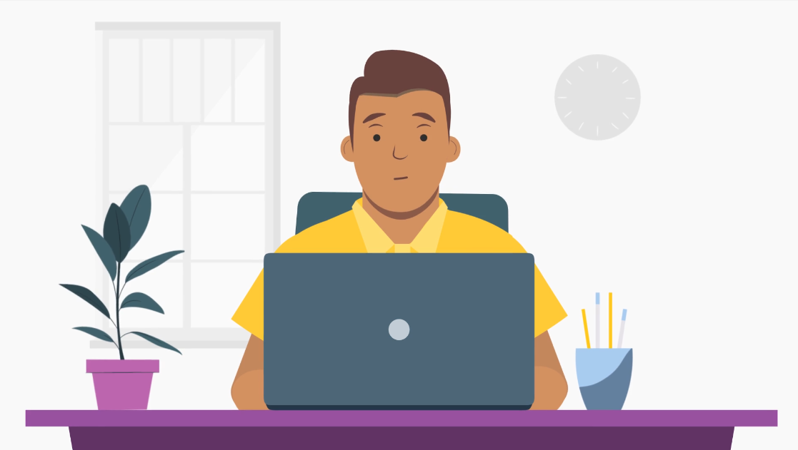 animated male sitting behind a laptop