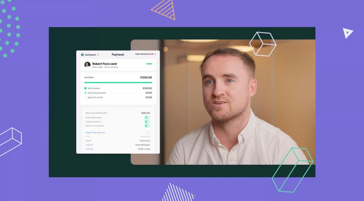 Payhawk sales director presenting software product features with animated UI