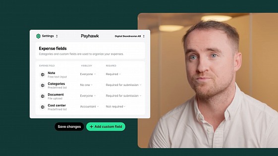 Payhawk software feature demonstration with animated card control settings alongside a direct-to-camera presenter.