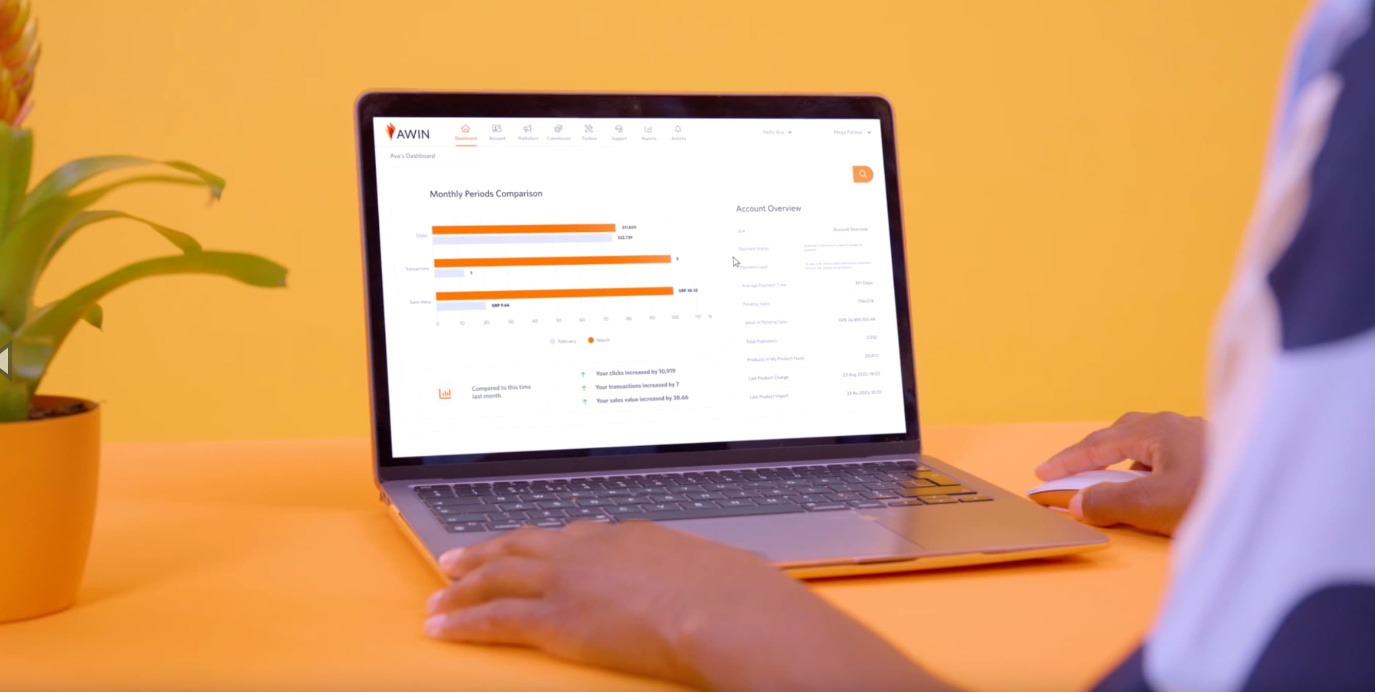 Awin affiliate marketing platform interface shown on a laptop in the brand video campaign