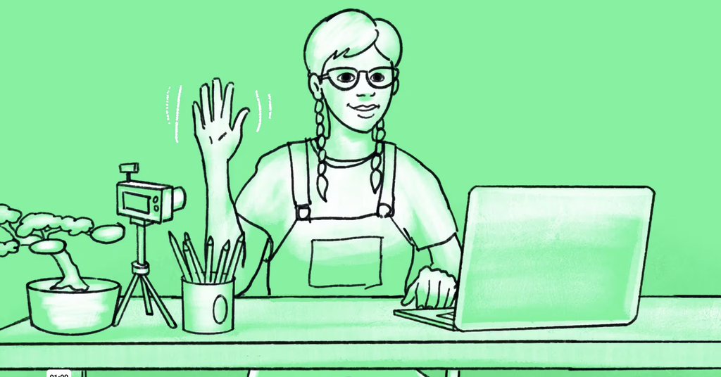drawing of girl with pigtails and glasses waving using laptop