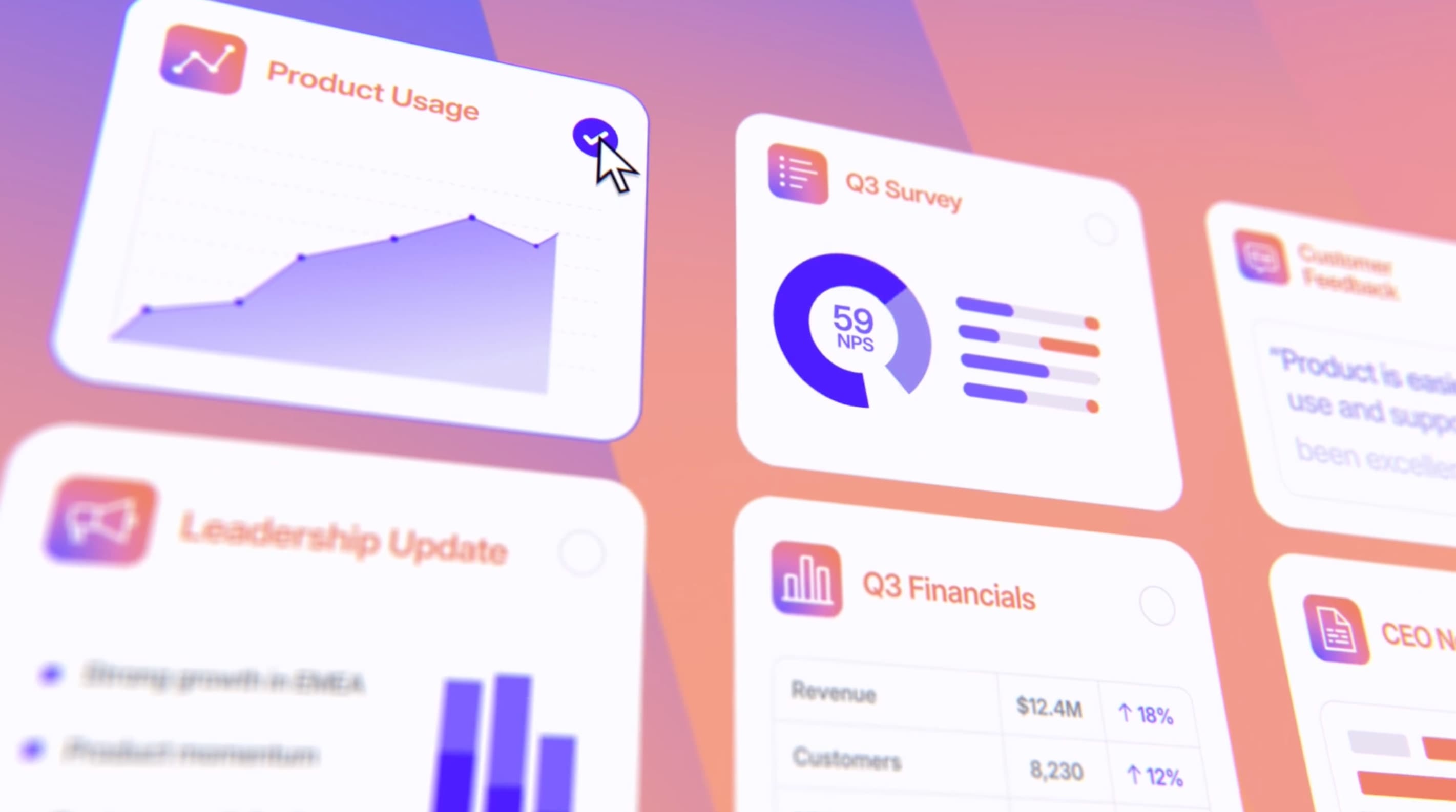 Unily Content Studio product interface animation showing analytics, surveys and leadership update cards