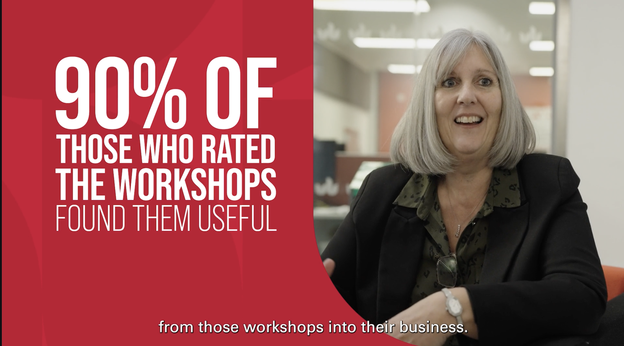 woman with grey hair laughing while being filmed by video production agency with an animated stat overlay