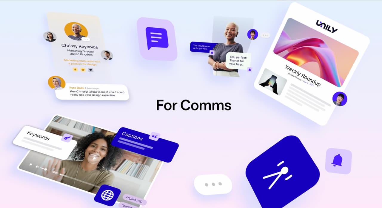 Unily platform graphics showing employee profiles, messaging, video, accessibility and content interface elements